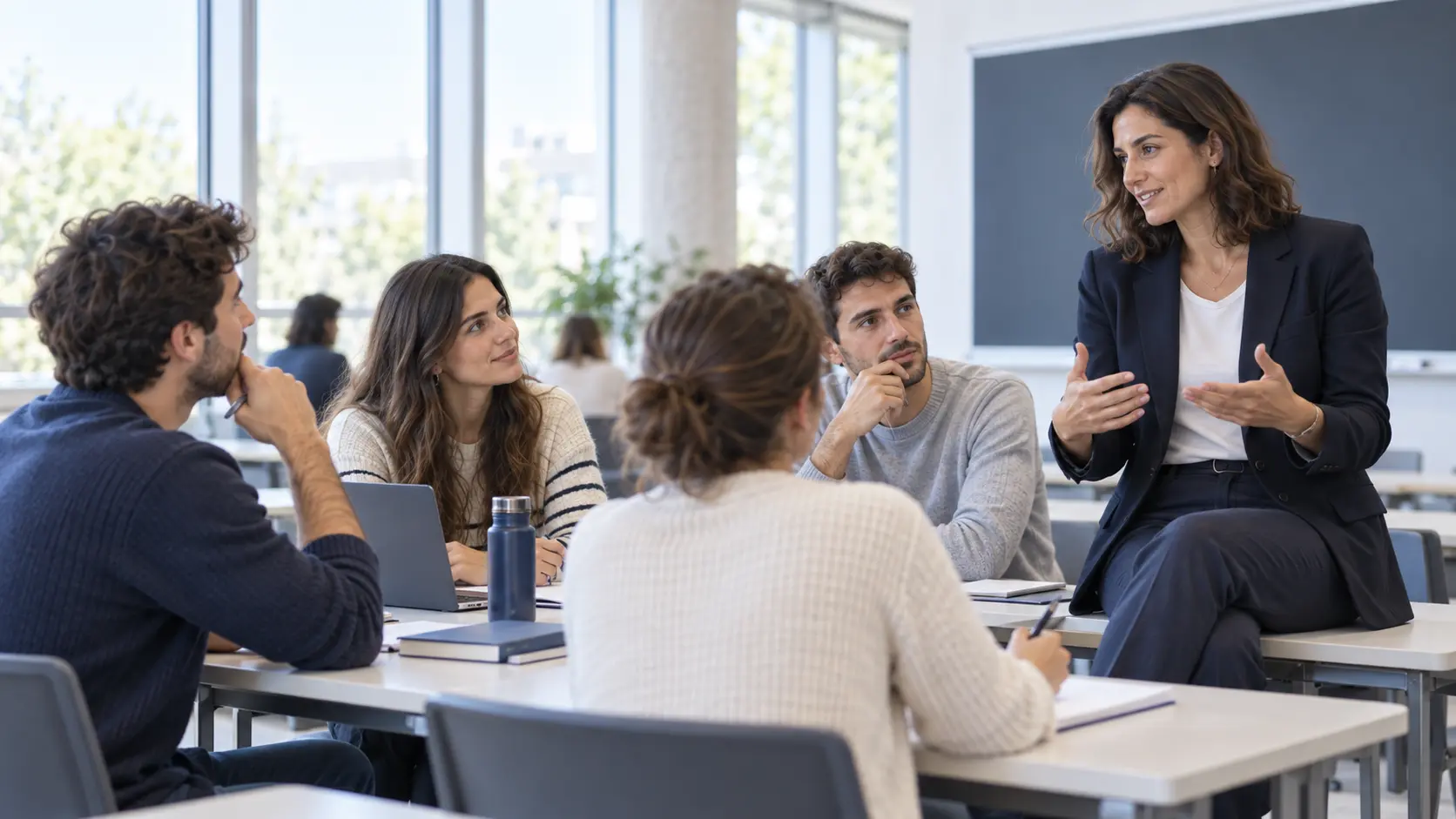 Docente acompañando a un grupo de alumnos adultos